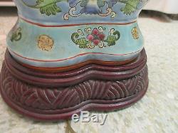 Vintage porcelain Table Lamp & Shade light blue Chinese Flowers carved Wood base