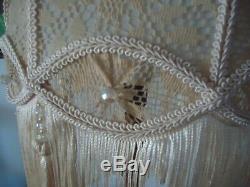 Vintage retro lamp light shade tassels lace and crystals ecru cream boho