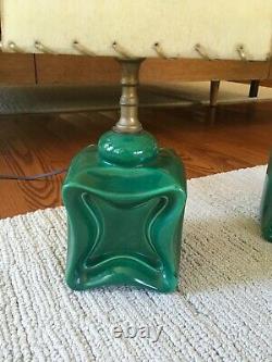 Vintage vanity lamps Green ceramic fiberglass shades 40s 50s Mid century Atomic