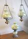 Vntg 3 Matching Lamps Hanging Parlor Banquet Lamp Yellow Roses Glass Shade Gwtw