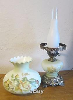 Vntg 3 Matching Lamps Hanging Parlor Banquet Lamp Yellow Roses glass Shade GWTW