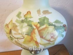 Vntg 3 Matching Lamps Hanging Parlor Banquet Lamp Yellow Roses glass Shade GWTW