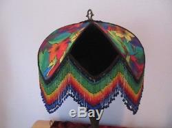 Vntg Dramatic Fabric Lampshade with Bold Psychedelic Rainbow Glass Beads Fringe