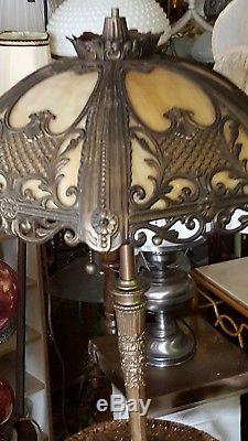 Vntg art deco tiffany style slag glass lamp & Lampshade old base old shade