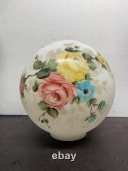 Vtg 1900s WHITE Hand Painted Rose Flowers GWTW Glass 10 Lamp Light Shade