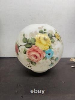 Vtg 1900s WHITE Hand Painted Rose Flowers GWTW Glass 10 Lamp Light Shade