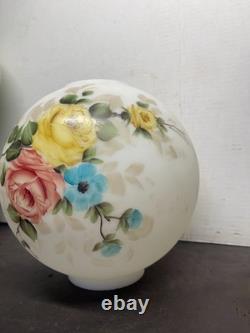 Vtg 1900s WHITE Hand Painted Rose Flowers GWTW Glass 10 Lamp Light Shade