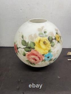 Vtg 1900s WHITE Hand Painted Rose Flowers GWTW Glass 10 Lamp Light Shade
