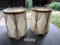 Vtg 1970's Regency Drum Lamp Shades, Pinch Pleated Cream Vinyl withGold Trim -18