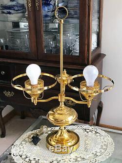 Vtg 2 Arm Light Student Desk / Table Brass Lamp /w Milk & Clear Glass Shades