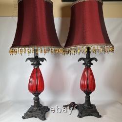 Vtg 70's Light Lamp Shade Red Metal Glass Vinyl Pair Bedroom Sexy