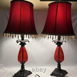 Vtg 70's Light Lamp Shade Red Metal Glass Vinyl Pair Bedroom Sexy