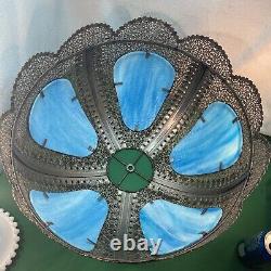 Vtg ANTIQUE Metal Filigree BEAUTIFUL Flowers SKY BLUE SLAG Glass Lamp Shade ONLY