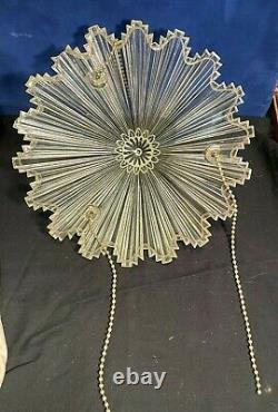 Vtg ART DECO STARBURST Clear Glass Ribbed 3 Hole Hanging CEILING LAMP SHADE 11