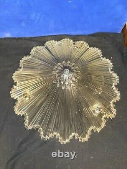 Vtg ART DECO STARBURST Clear Glass Ribbed 3 Hole Hanging CEILING LAMP SHADE 11