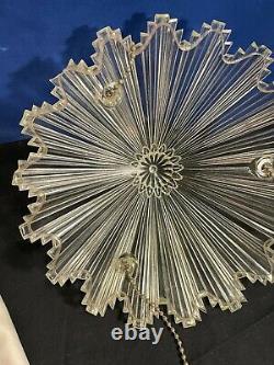 Vtg ART DECO STARBURST Clear Glass Ribbed 3 Hole Hanging CEILING LAMP SHADE 11