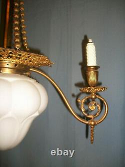 Vtg Antique Combo 3 GAS & 1 ELECTRIC LIGHT FIXTURE LAMP CHANDELIER Glass Shades