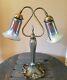 Vtg/antique Solid Bronze Quezal Glass Shades Parlor Table Desk Lamp Light