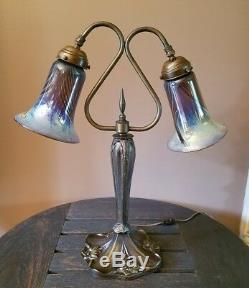 Vtg/Antique Solid Bronze Quezal Glass Shades Parlor Table Desk Lamp Light
