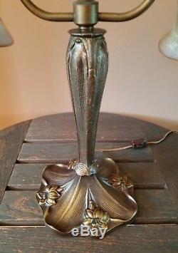 Vtg/Antique Solid Bronze Quezal Glass Shades Parlor Table Desk Lamp Light