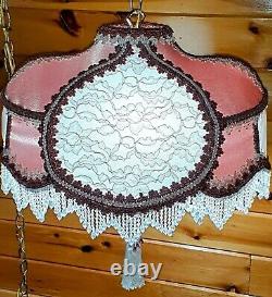 Vtg/Antique Victorian GWTW Satin Lace Beaded Lamp Shade Hanging Swag Light/Lamp