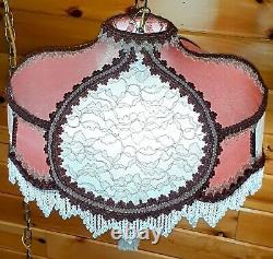 Vtg/Antique Victorian GWTW Satin Lace Beaded Lamp Shade Hanging Swag Light/Lamp