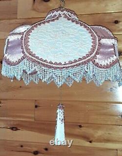 Vtg/Antique Victorian GWTW Satin Lace Beaded Lamp Shade Hanging Swag Light/Lamp