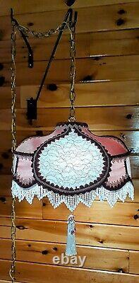 Vtg/Antique Victorian GWTW Satin Lace Beaded Lamp Shade Hanging Swag Light/Lamp