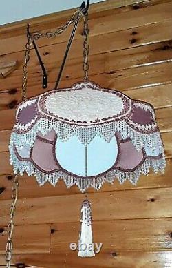 Vtg/Antique Victorian GWTW Satin Lace Beaded Lamp Shade Hanging Swag Light/Lamp