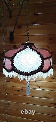 Vtg/Antique Victorian GWTW Satin Lace Beaded Lamp Shade Hanging Swag Light/Lamp