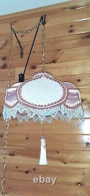 Vtg/Antique Victorian GWTW Satin Lace Beaded Lamp Shade Hanging Swag Light/Lamp