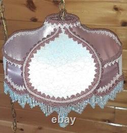 Vtg/Antique Victorian GWTW Satin Lace Beaded Lamp Shade Hanging Swag Light/Lamp