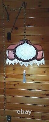 Vtg/Antique Victorian GWTW Satin Lace Beaded Lamp Shade Hanging Swag Light/Lamp