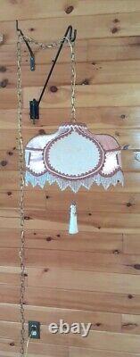 Vtg/Antique Victorian GWTW Satin Lace Beaded Lamp Shade Hanging Swag Light/Lamp