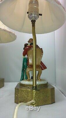 Vtg Antique Victorian Man Woman Porcelain Figurine Table Lamp Set With Lace Shades
