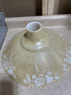 Vtg Art Deco Embossed 16 Funeral Torchiere Glass Lamp Shade Beige White Flower