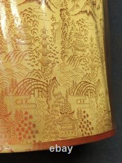 Vtg Asian Silk Lamp Shade Large Drum Lampshade Mid Century MCM Red Gold NOS