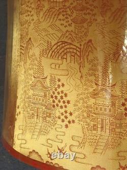Vtg Asian Silk Lamp Shade Large Drum Lampshade Mid Century MCM Red Gold NOS