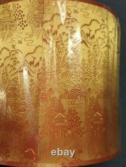 Vtg Asian Silk Lamp Shade Large Drum Lampshade Mid Century MCM Red Gold NOS