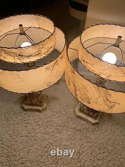 Vtg Atomic 1950s Pair Of Lamps Chalkware Mid Century with Fiberglass Shades