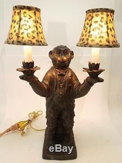 Vtg. Bellhop Butler Monkey Lamp withLeopard Print Shades a very rare one! Macabre