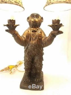 Vtg. Bellhop Butler Monkey Lamp withLeopard Print Shades a very rare one! Macabre