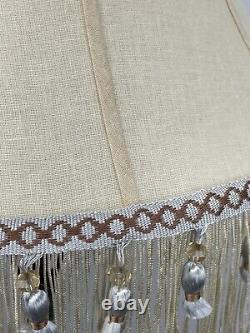 Vtg Boho Rustic Lamp Shade Ivory Pastel Blue Bead Tassel Fringe 18 Farmhouse