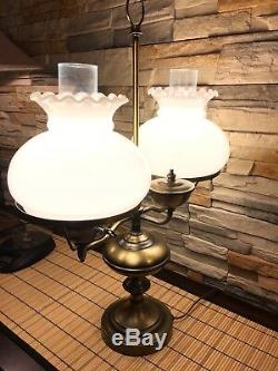 Vtg Brass 2 Light Victorian Style Hurricane Lamp Milk Glass Shades Banker 24