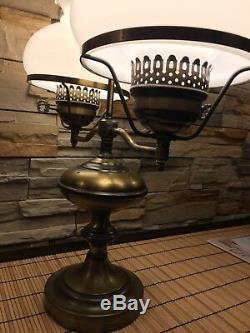 Vtg Brass 2 Light Victorian Style Hurricane Lamp Milk Glass Shades Banker 24