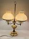 Vtg Double Brass Student Lamp Desk 2-arm Cream Glass Shades Electric (oil Style)
