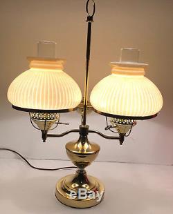 Vtg Double Brass Student Lamp Desk 2-Arm Cream Glass Shades Electric (Oil Style)