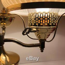 Vtg Double Brass Student Lamp Desk 2-Arm Cream Glass Shades Electric (Oil Style)