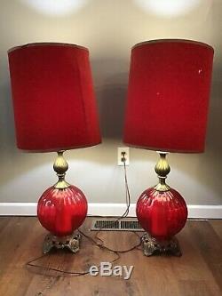 Vtg EF EF Industries RED Glass Table Lamps 3-Way Set With Shades Pair Lamp Retro