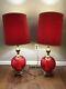 Vtg Ef Ef Industries Red Glass Table Lamps 3-way Set With Shades Pair Lamp Retro